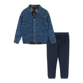 3-Piece Marled Toggle Cardigan Set  | Blue