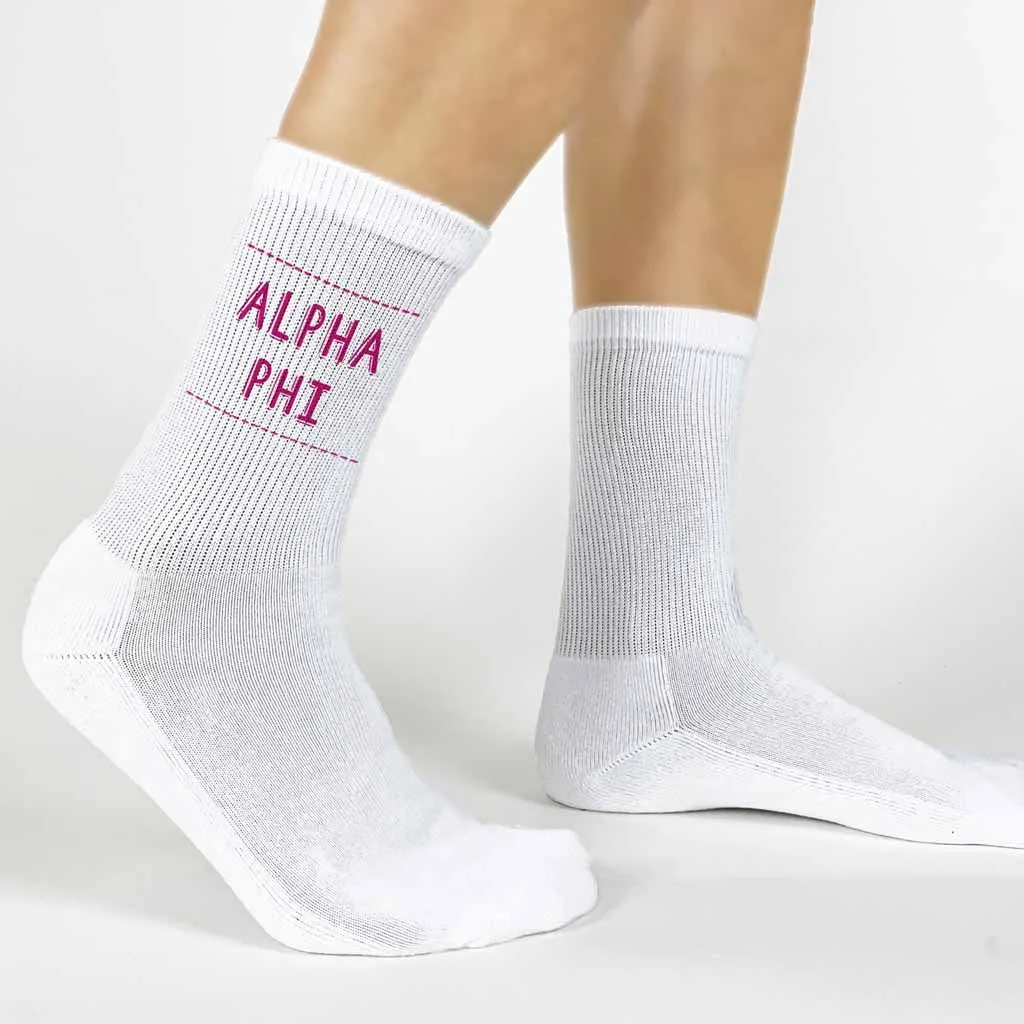 Alpha Phi Crew Socks with Alpha Phi Name in Sorority Colors