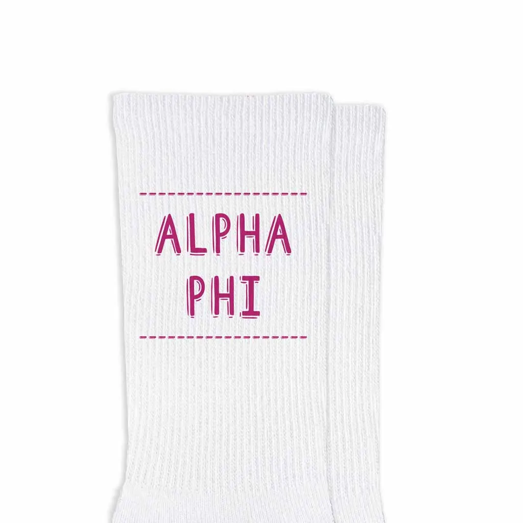 Alpha Phi Crew Socks with Alpha Phi Name in Sorority Colors