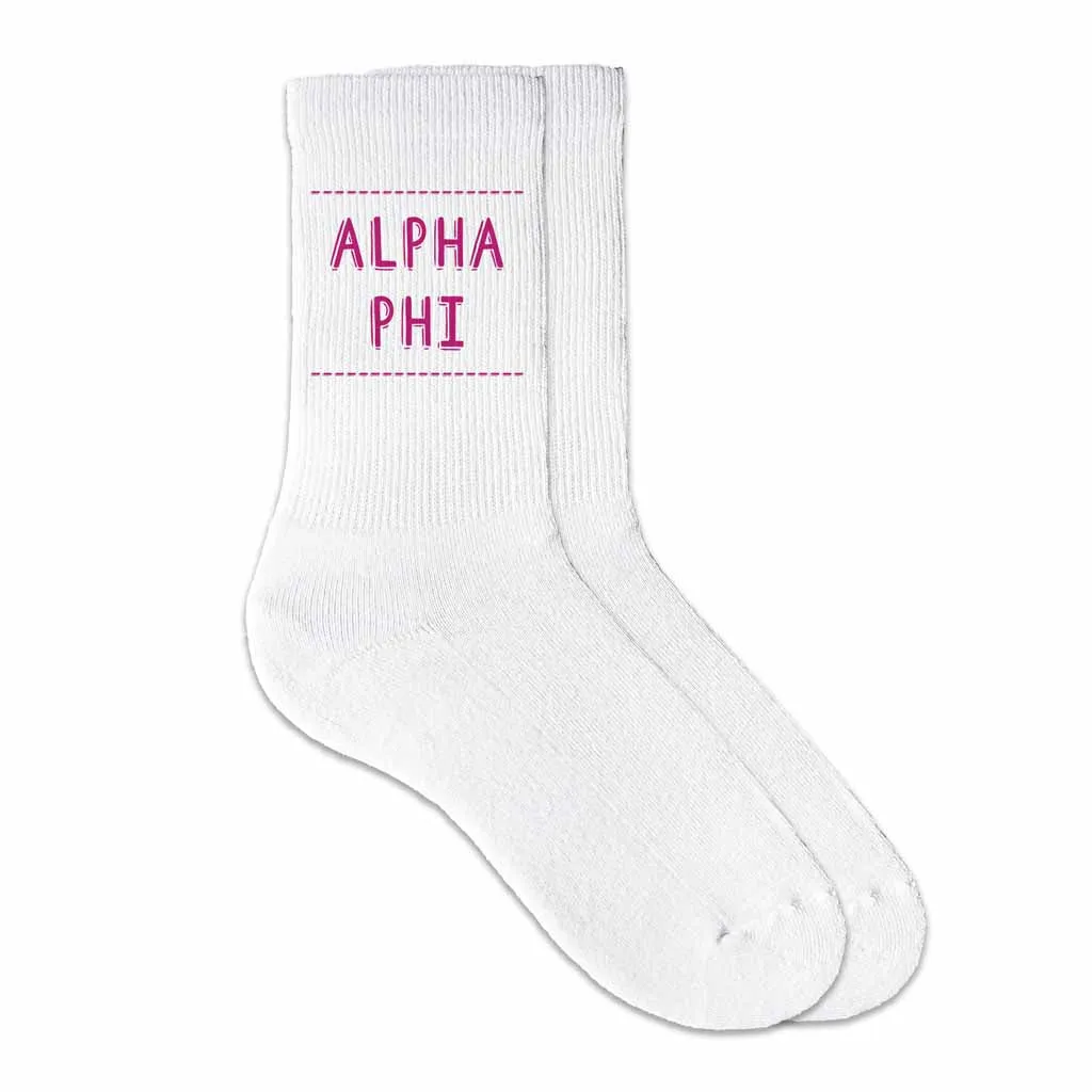 Alpha Phi Crew Socks with Alpha Phi Name in Sorority Colors