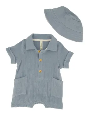 Baby Boys 0-9M Gauze Knit Pocket Romper and Bucket Hat