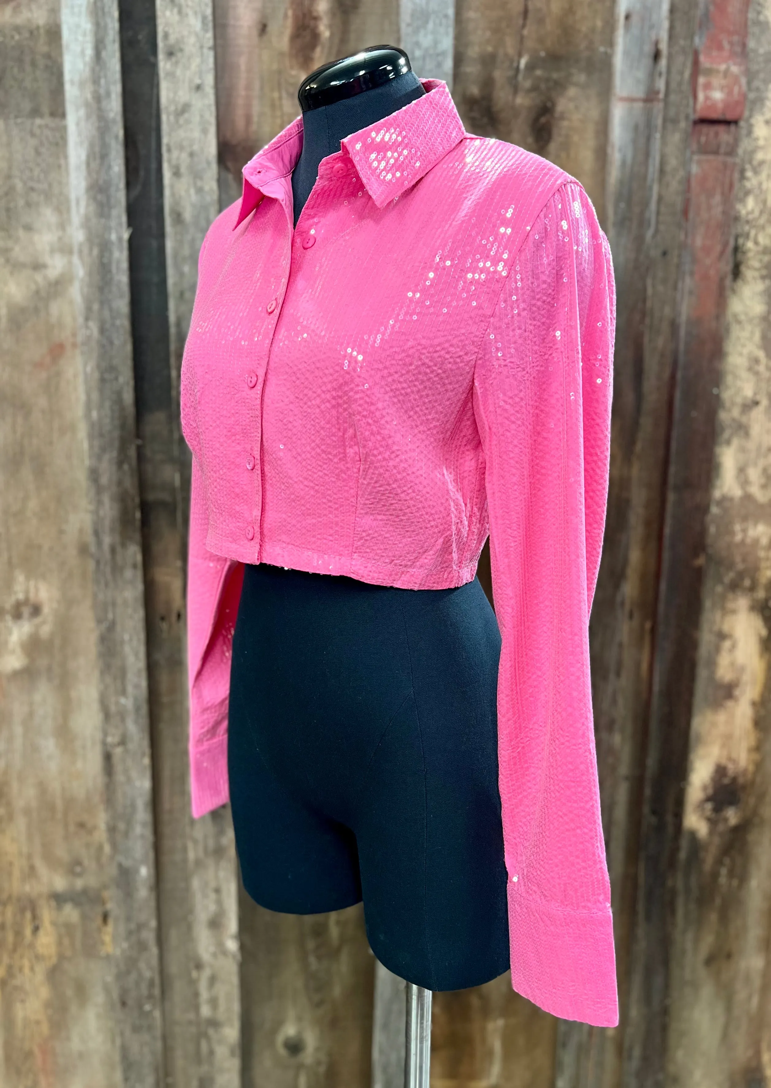 Glamorous Barbie Pink Sequin Long Sleeve Top for Stylish Fashionistas