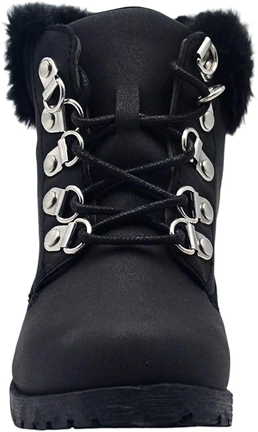 bebe Girls Big Kid Easy Pull-On Lace Up Short Ankle Shimmer Nubuck Boots Embellished with Faux Fur Cuff