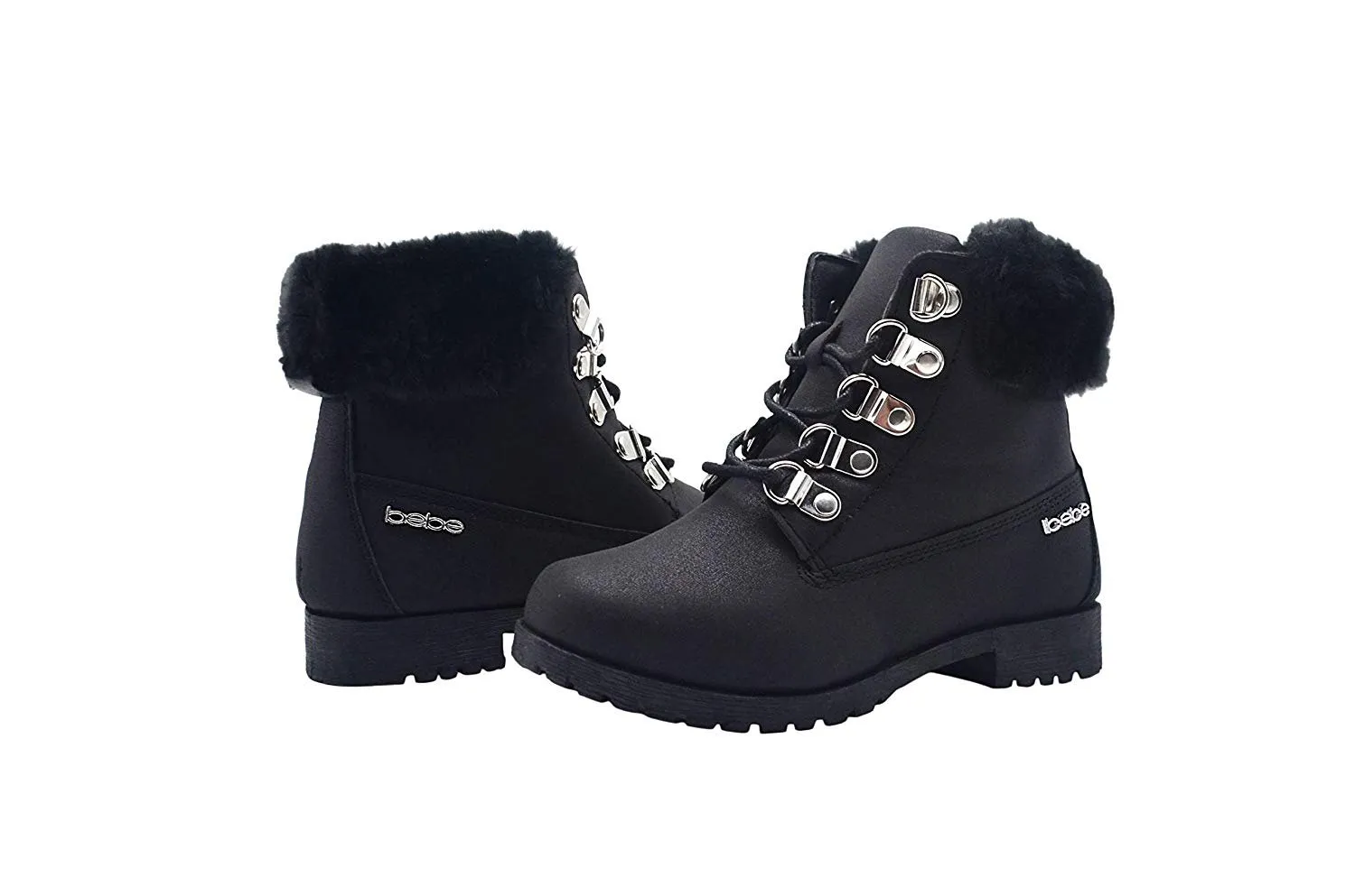 bebe Girls Big Kid Easy Pull-On Lace Up Short Ankle Shimmer Nubuck Boots Embellished with Faux Fur Cuff