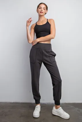 BLACK RIB BRUSHED FULL LENGTH JOGGER PANT