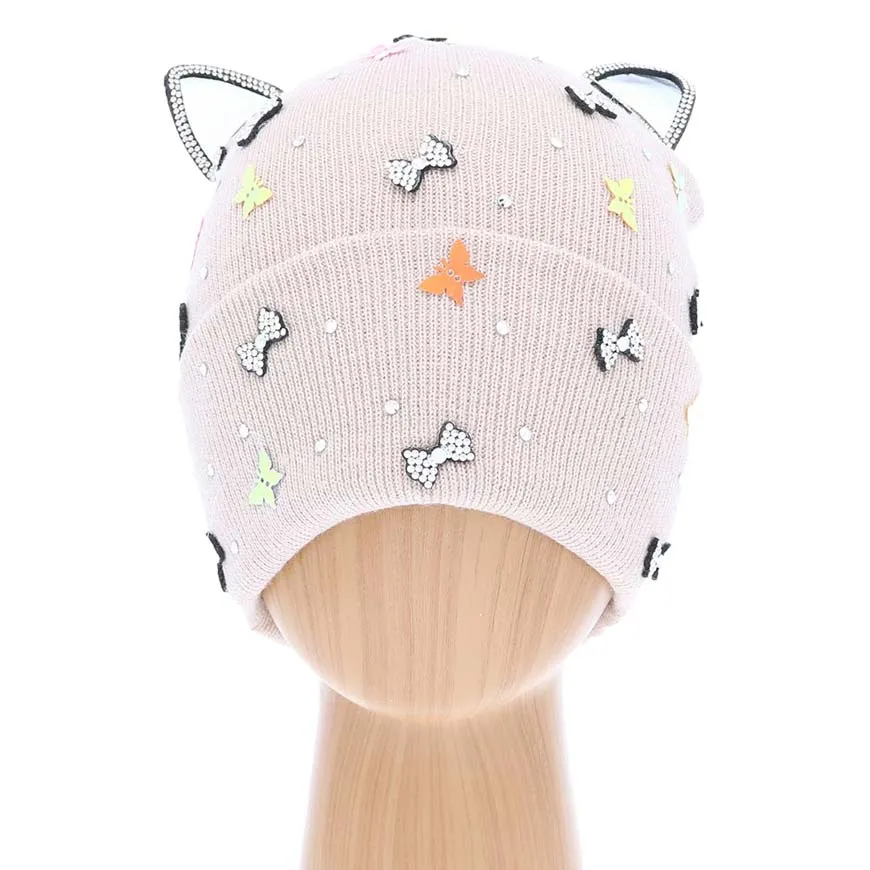 Cat Ear Ribbon Stone Embellished Beanie Hat