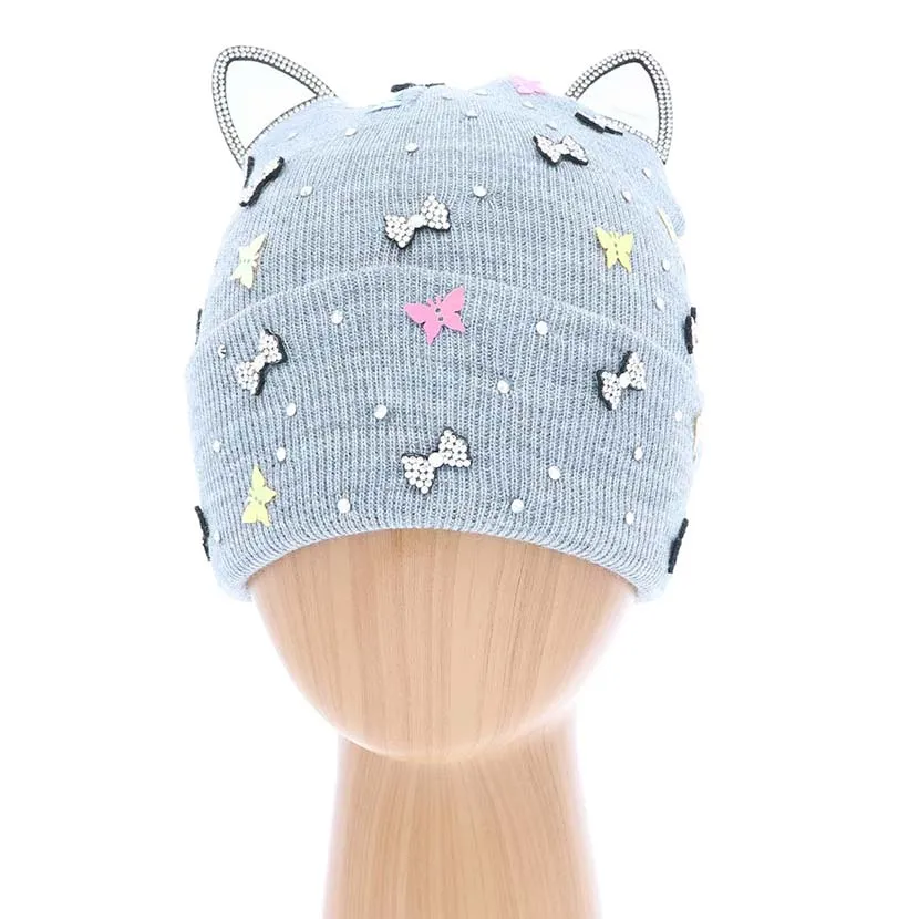 Cat Ear Ribbon Stone Embellished Beanie Hat