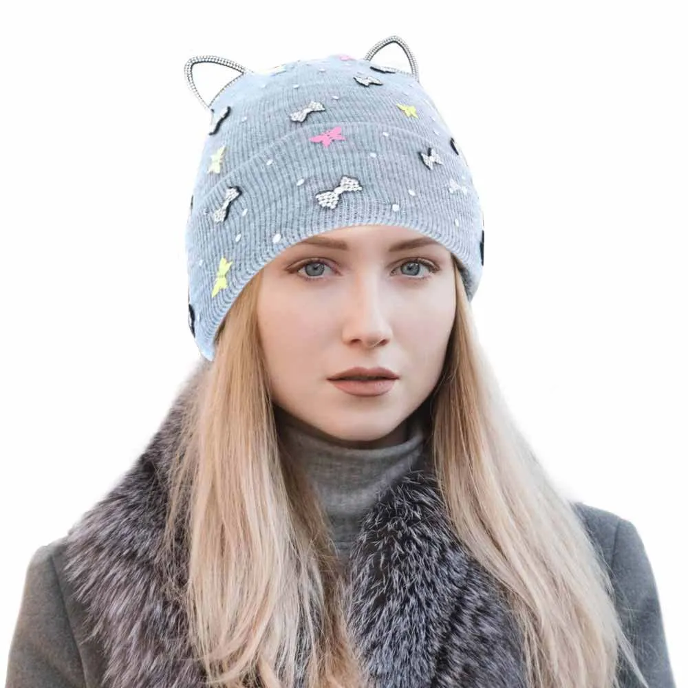 Cat Ear Ribbon Stone Embellished Beanie Hat