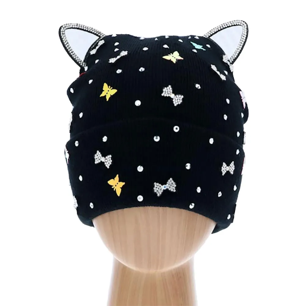 Cat Ear Ribbon Stone Embellished Beanie Hat