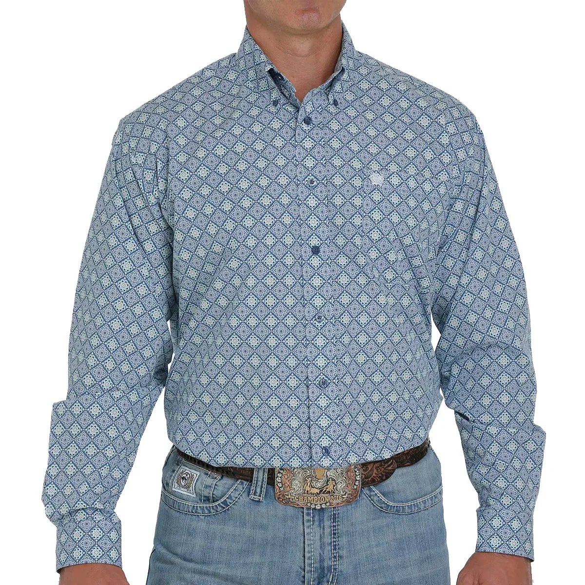 Cinch Jeans Men's Button Down Long Sleeve Shirt - Blue Turquoise Floral