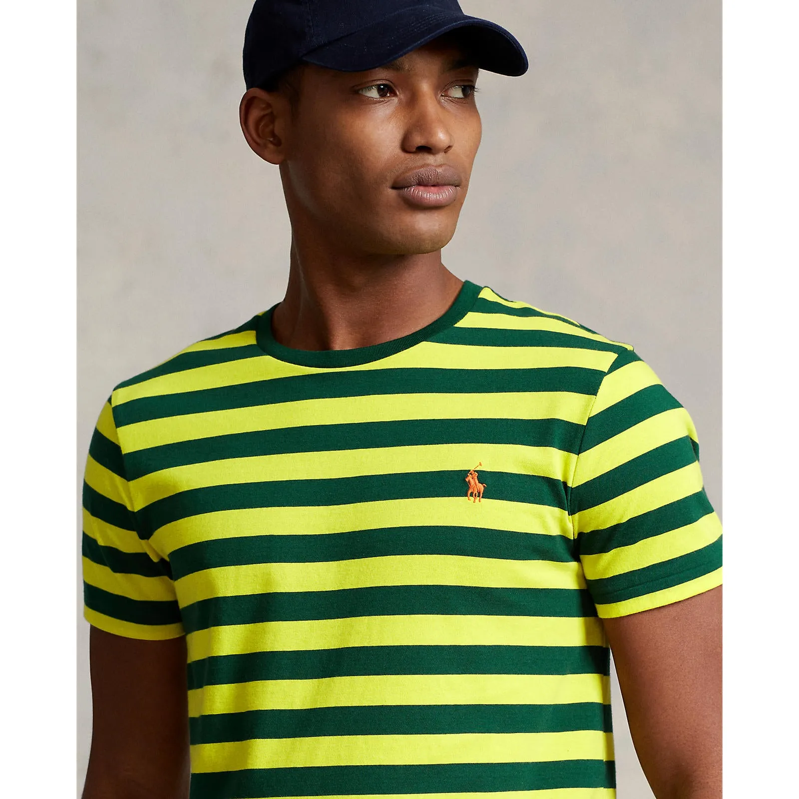 Custom Fit Jersey Crewneck T-Shirt - Stripe - Bright Yellow & Forest Green