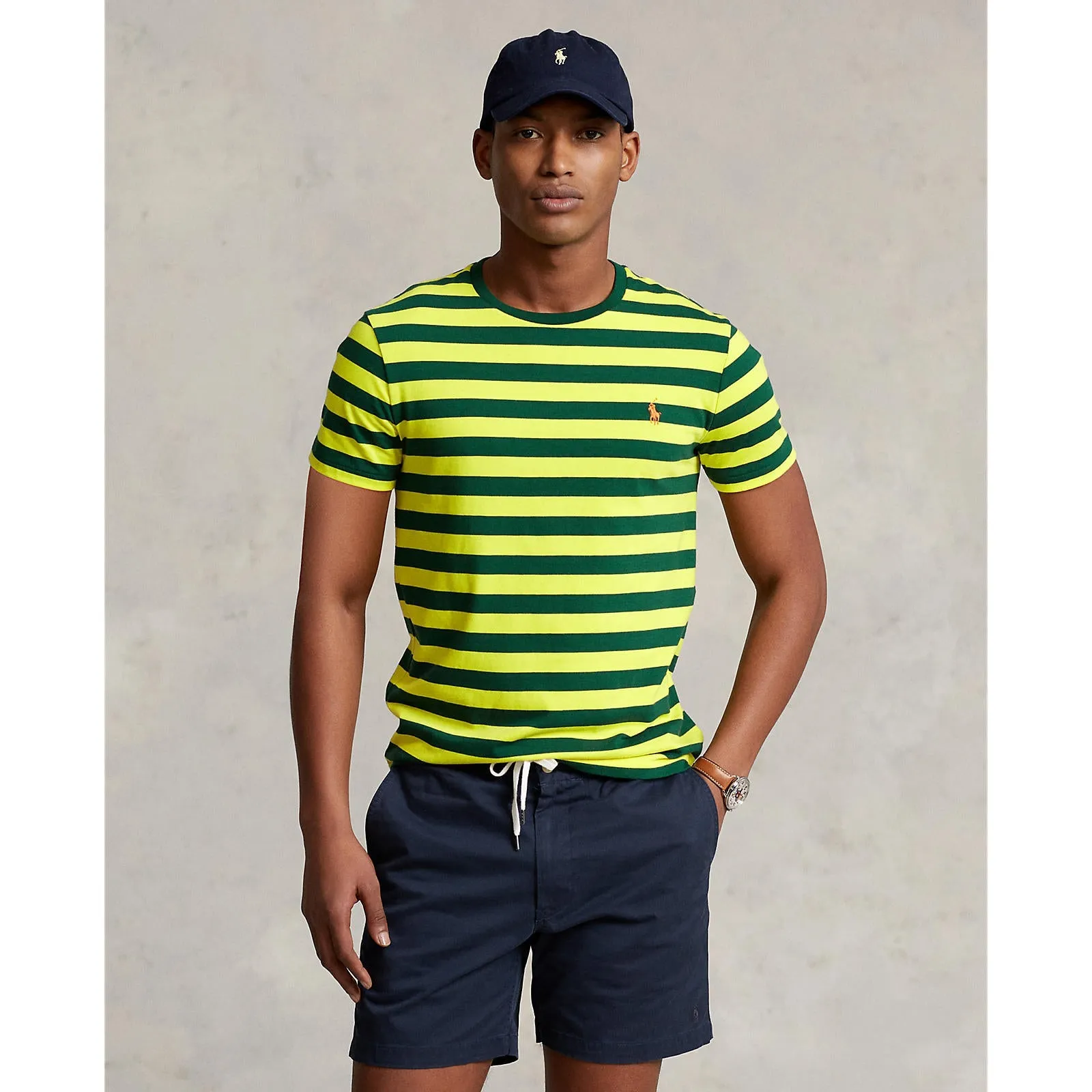 Custom Fit Jersey Crewneck T-Shirt - Stripe - Bright Yellow & Forest Green