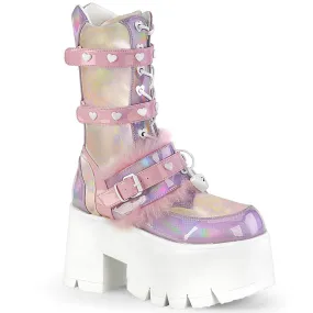 Demonia ASHES-120 | Baby Pink Holo Patent Leather Mid-Calf Boots