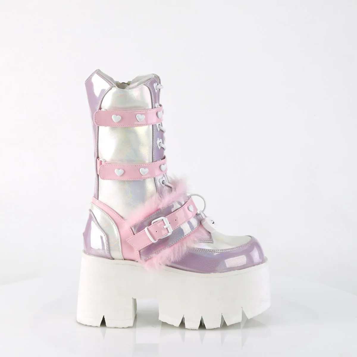 Demonia ASHES-120 | Baby Pink Holo Patent Leather Mid-Calf Boots