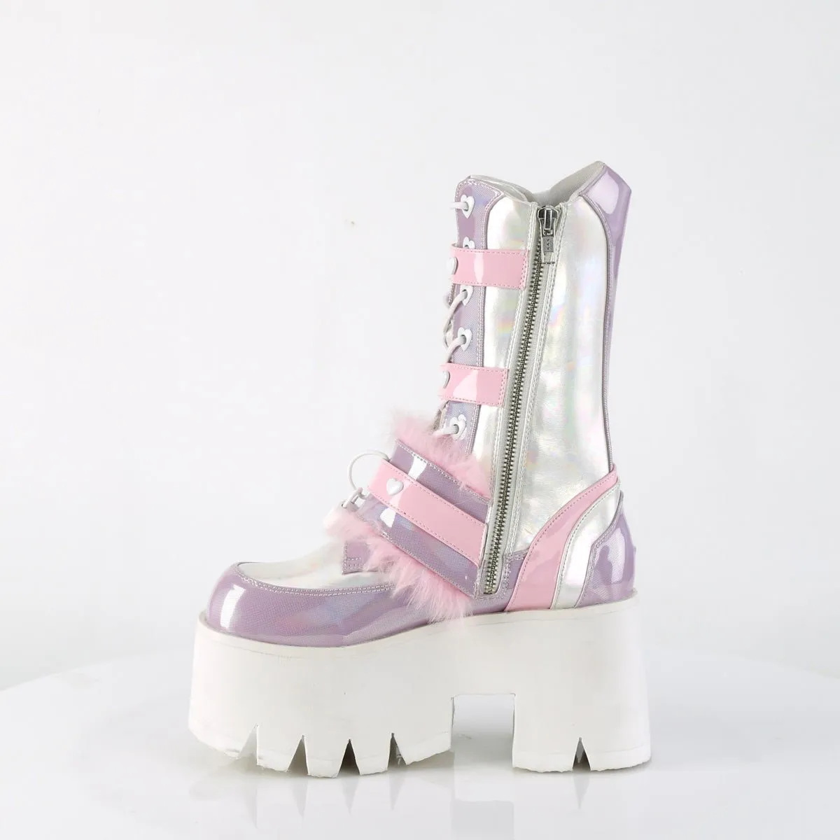 Demonia ASHES-120 | Baby Pink Holo Patent Leather Mid-Calf Boots