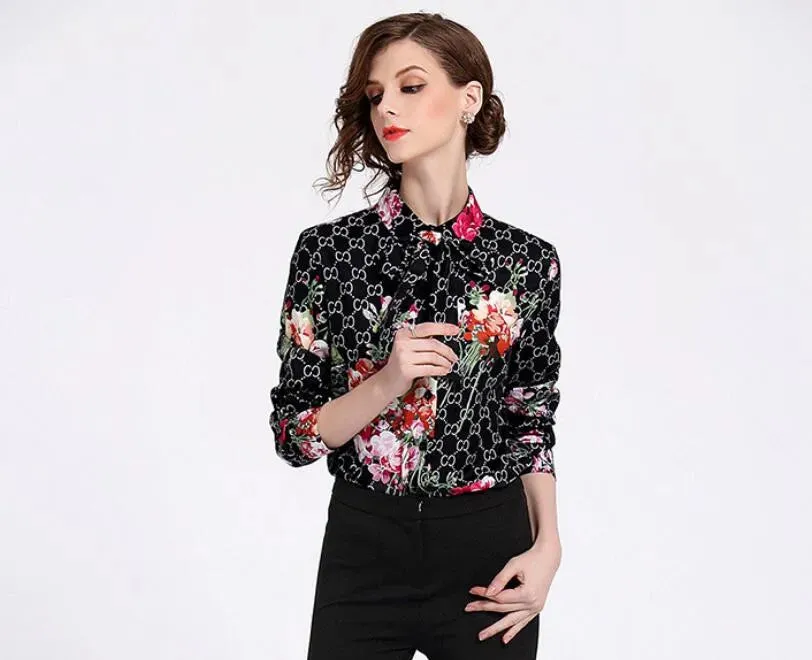 Designer Women Shirts Luxury GG Letter Chiffon Office Blouses Polo-Neck Lattice Ladies Loose Temperament Tops Blusas Fashion Dresses