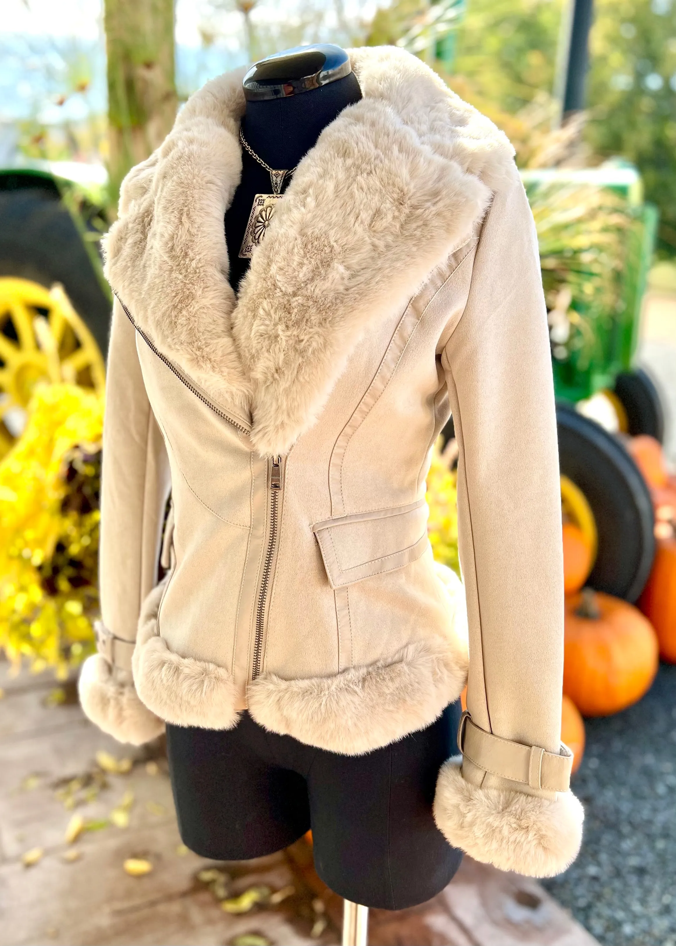 Faux Fur Light Beige Suede Coat