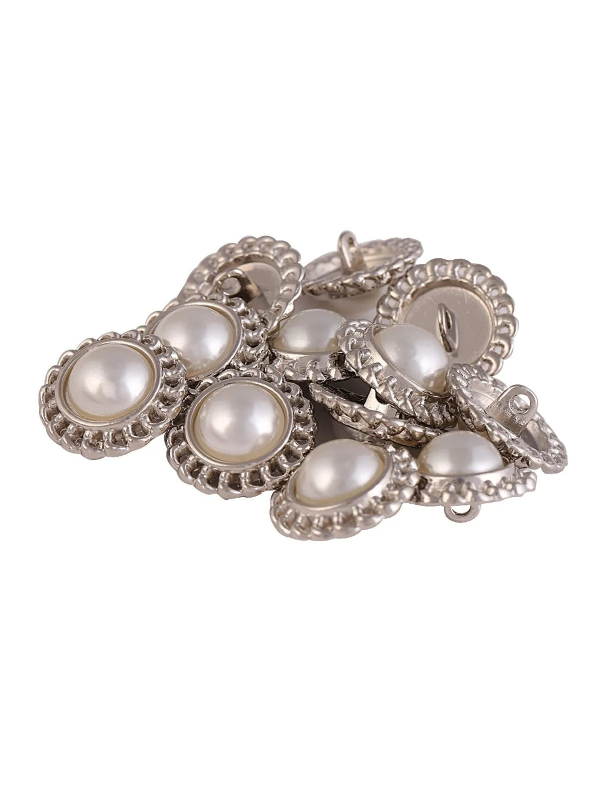 Flower Design Round Shape Shiny Silver Pearl Metal Button