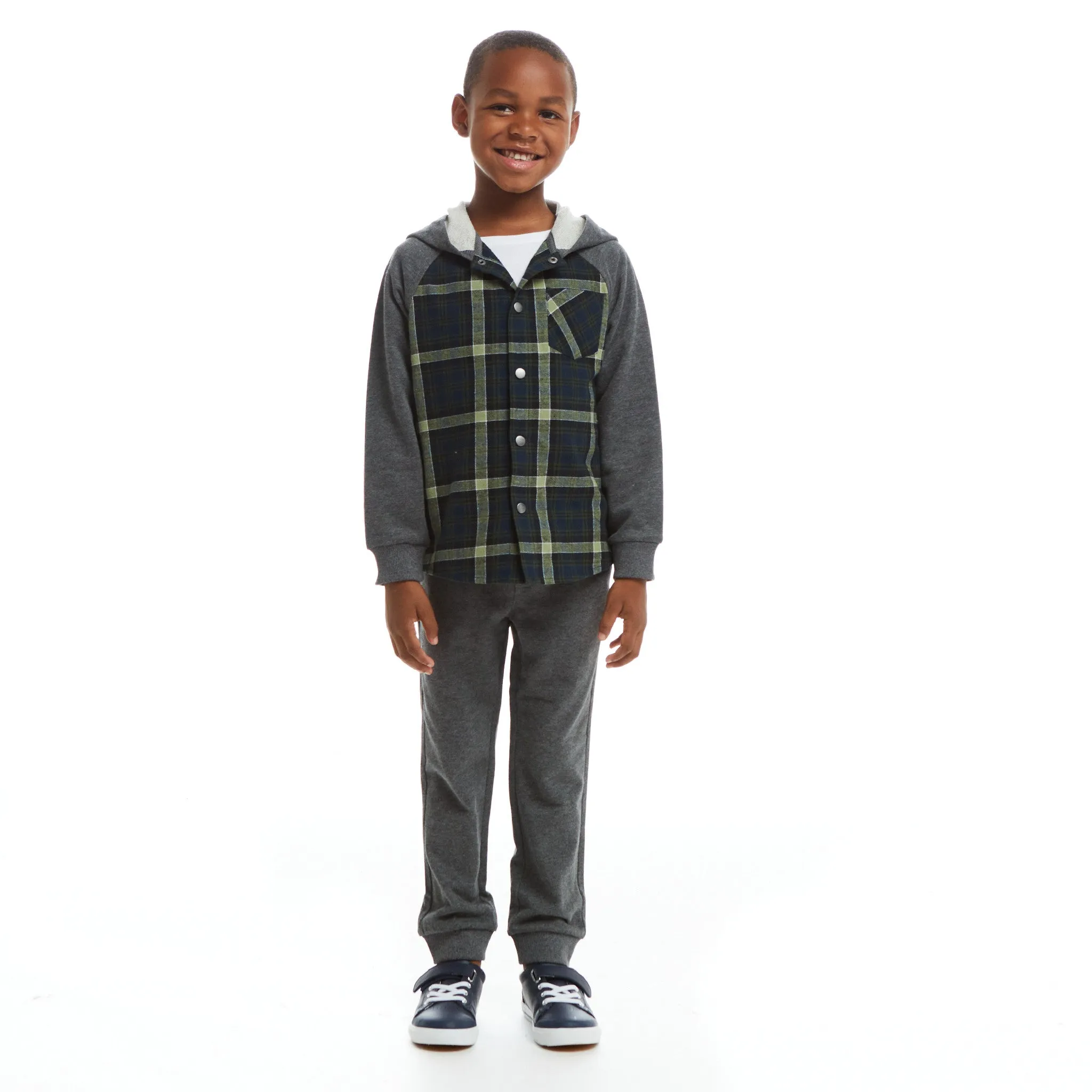 Green Plaid Hooded Flannel Buttondown Set  | Green