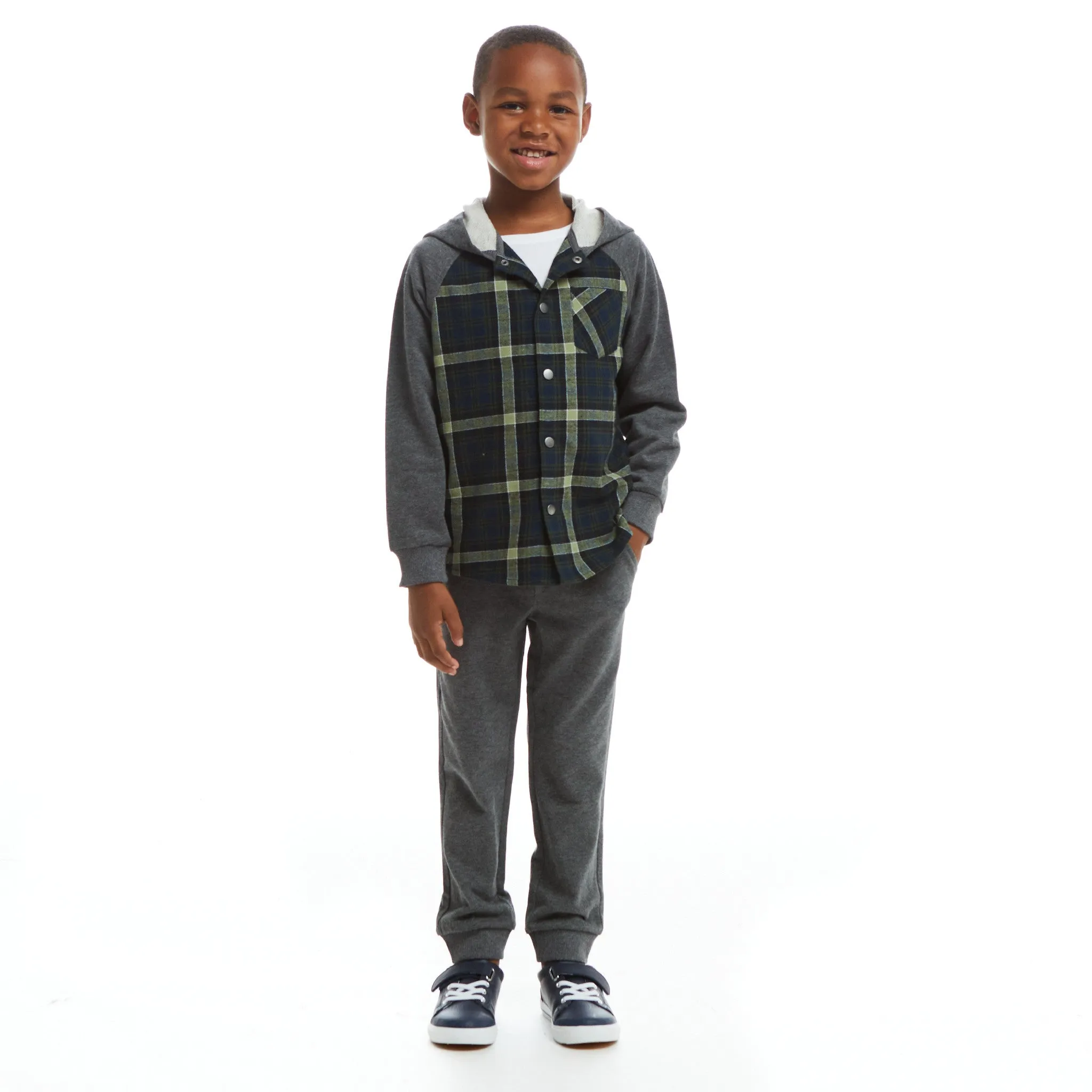 Green Plaid Hooded Flannel Buttondown Set  | Green