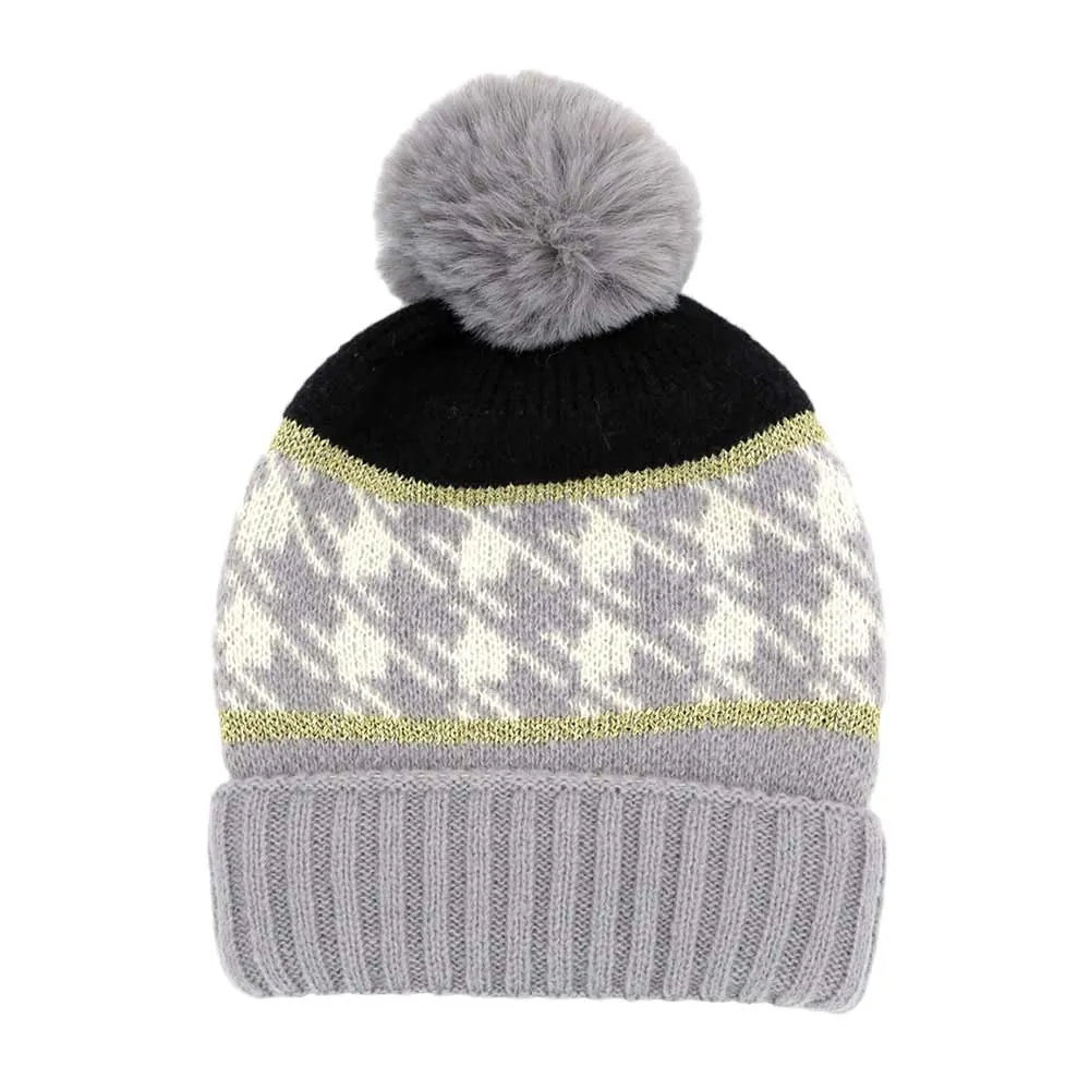 Houndstooth Patterned Pom Pom Beanie Hat