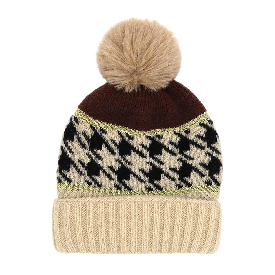 Houndstooth Patterned Pom Pom Beanie Hat