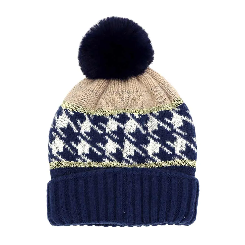 Houndstooth Patterned Pom Pom Beanie Hat