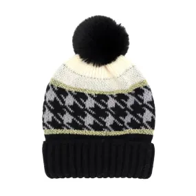 Houndstooth Patterned Pom Pom Beanie Hat