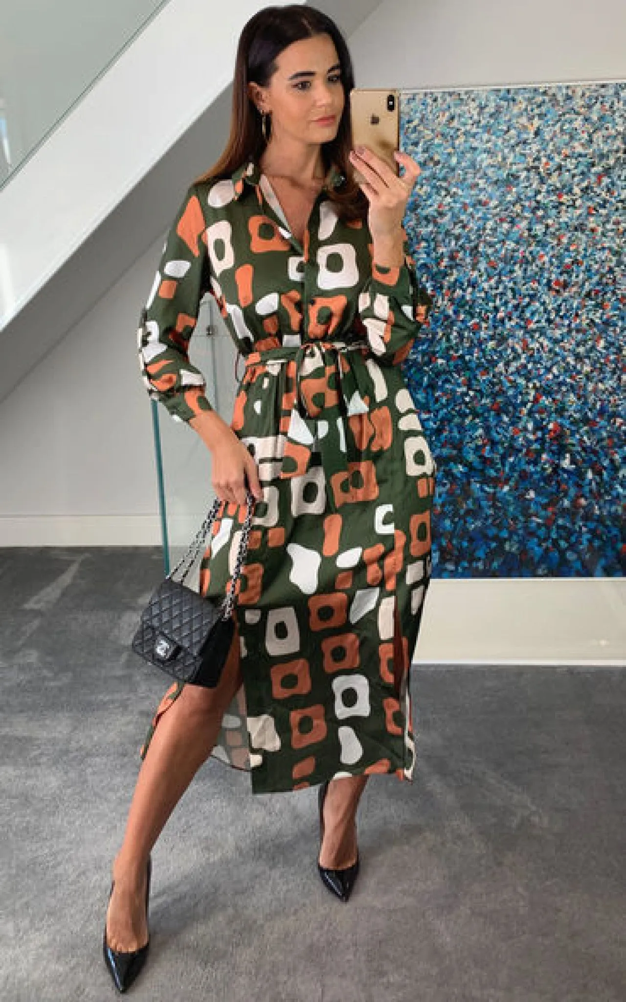 Love And Joy London Sonia Midi Shirt Dress In Green Multi