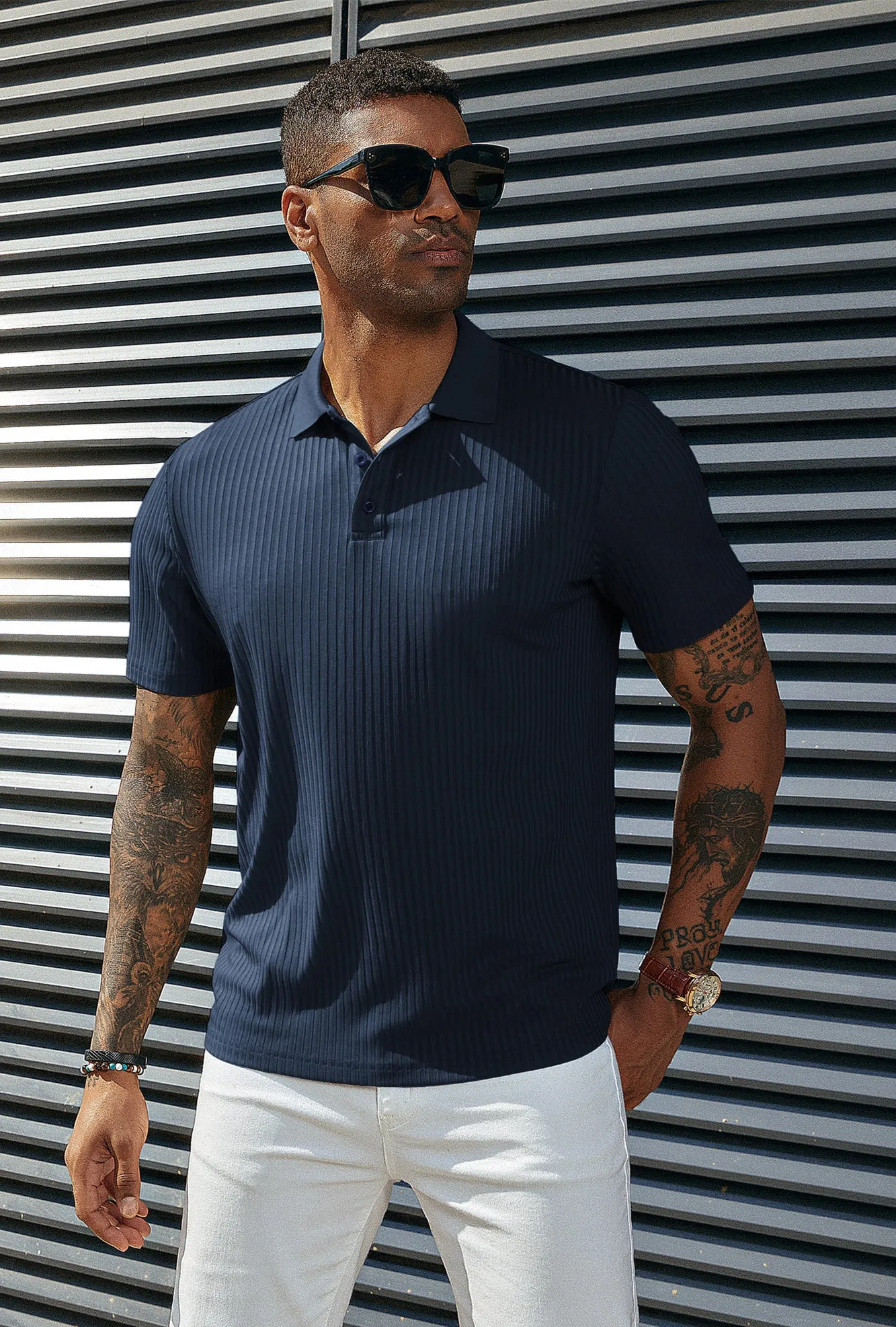 Mens Polo Shirts Textured Knit Short Sleeve Stretchy Golf Shirts