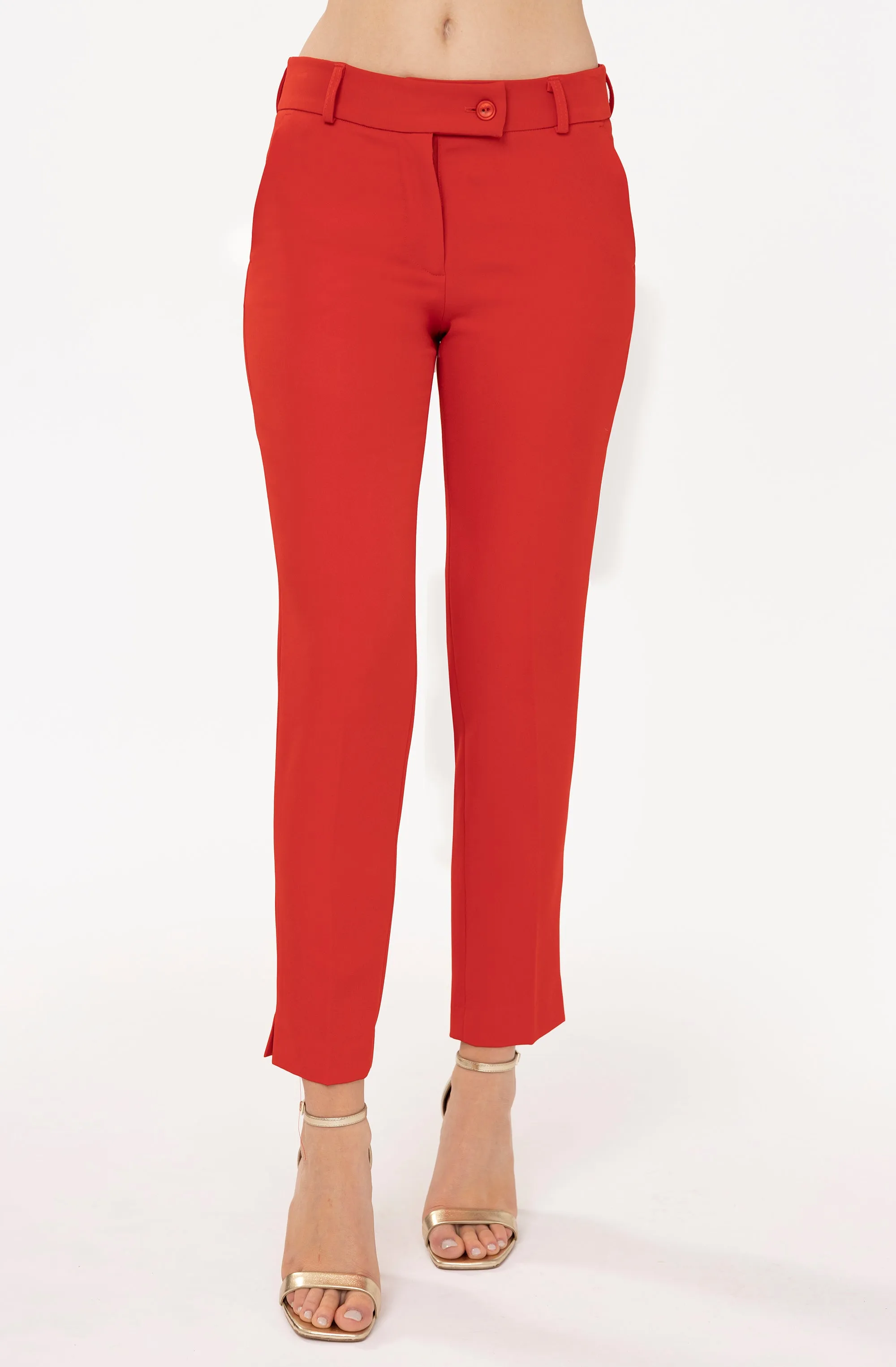 Mid Rise Straight Leg Pants With Side Slit