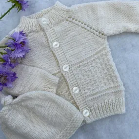 "Kinzie" patterned merino baby cardigan & hat set