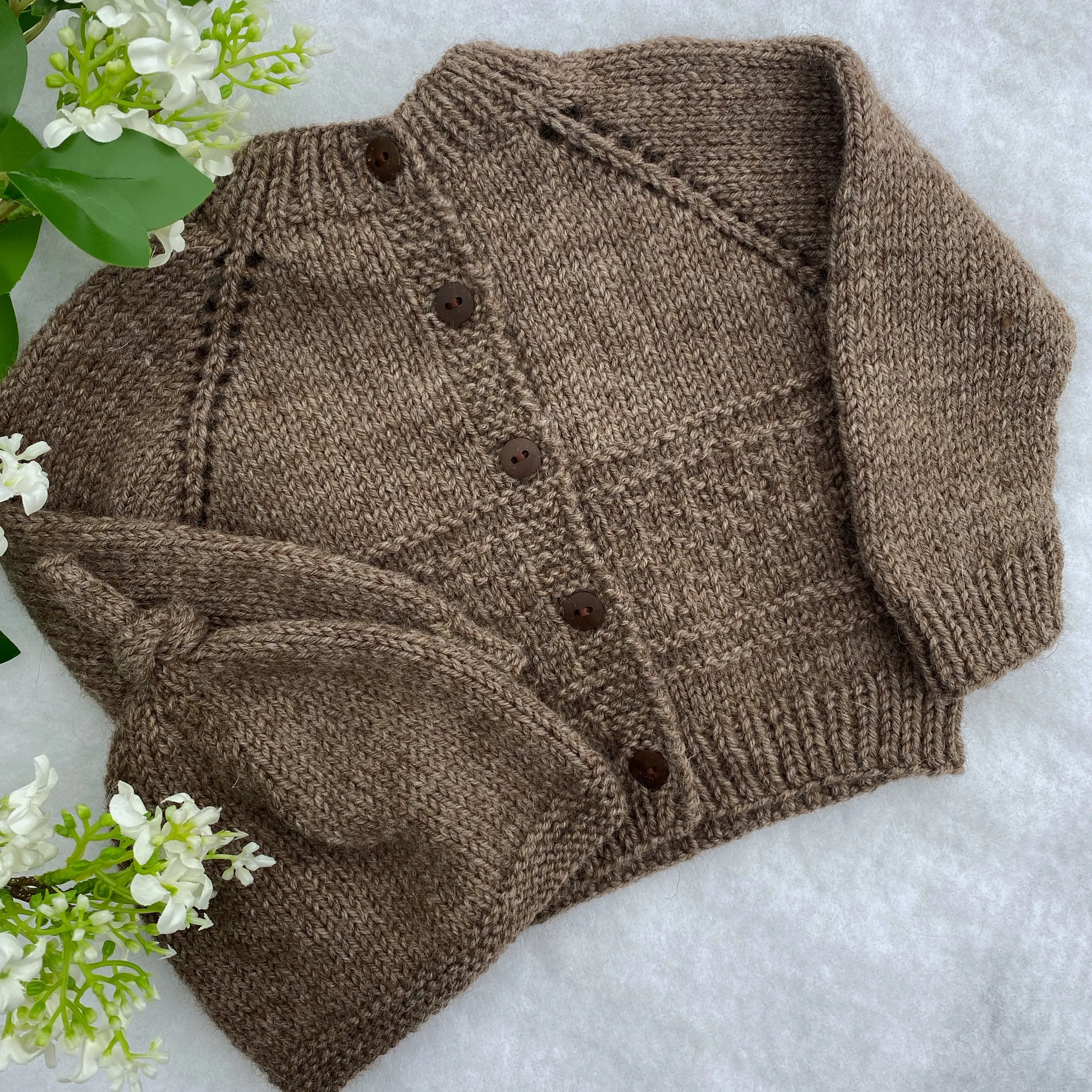 "Kinzie" patterned merino baby cardigan & hat set