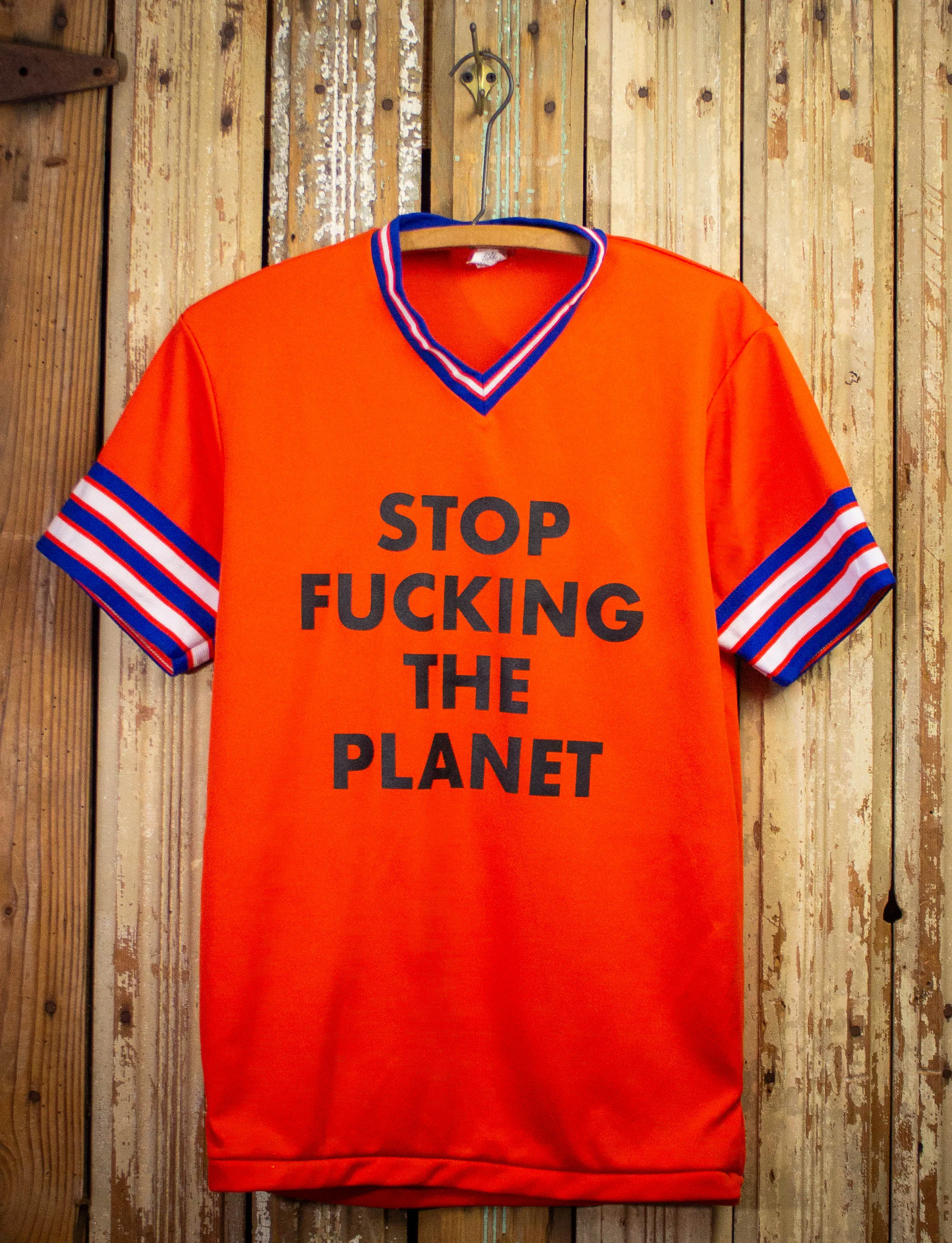 Stop Fucking The Planet Jersey Graphic T Shirt Orange Ringer Medium