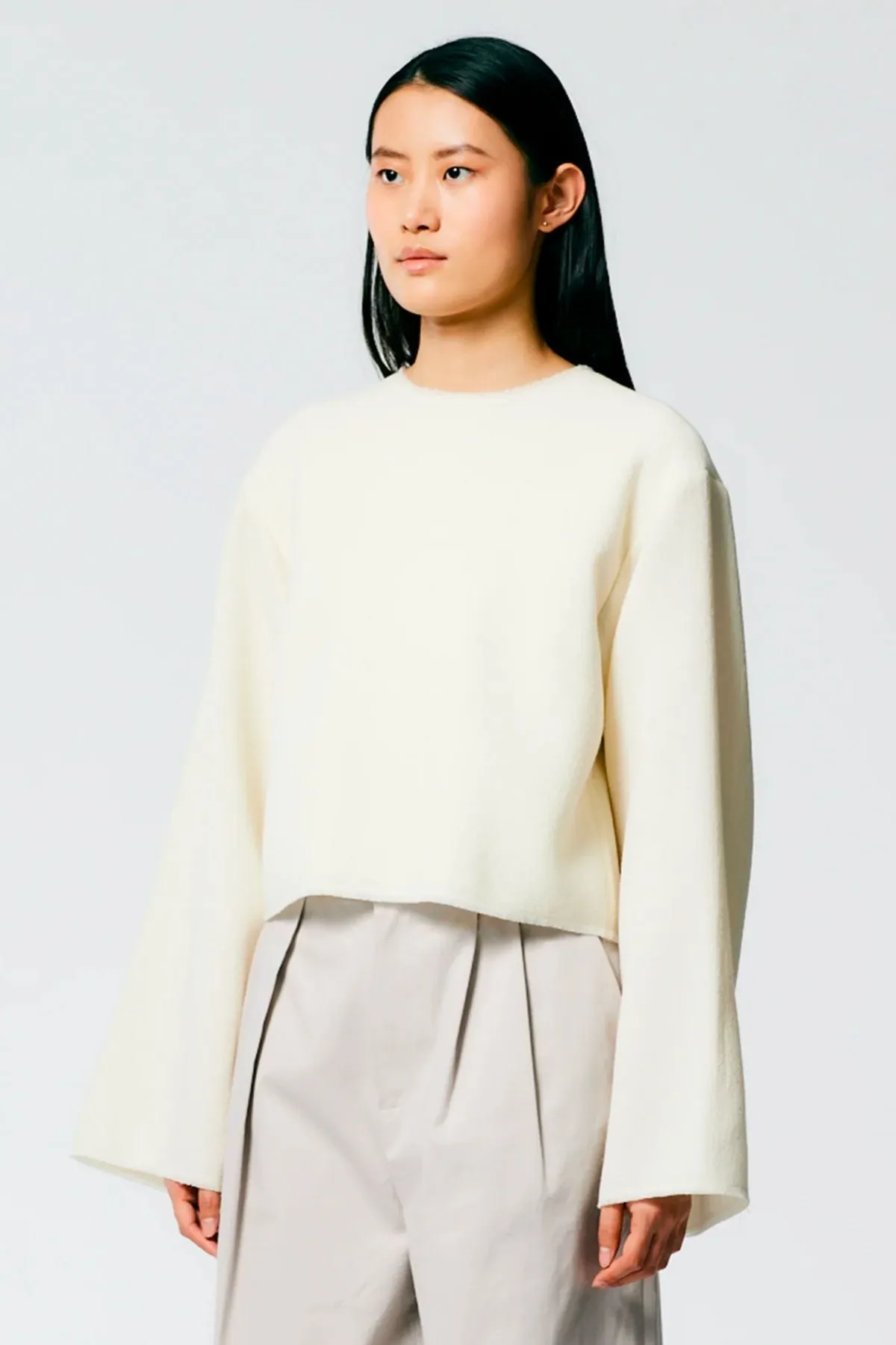 Tibi Melee Crepe Longsleeve Cropped Top - Ivory