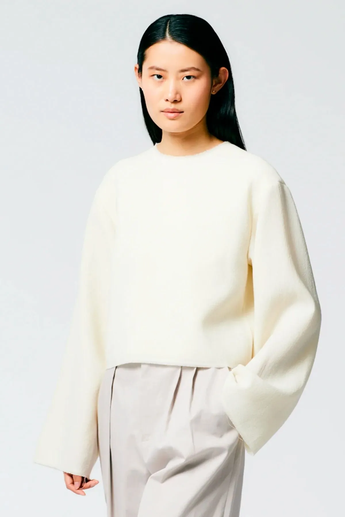 Tibi Melee Crepe Longsleeve Cropped Top - Ivory