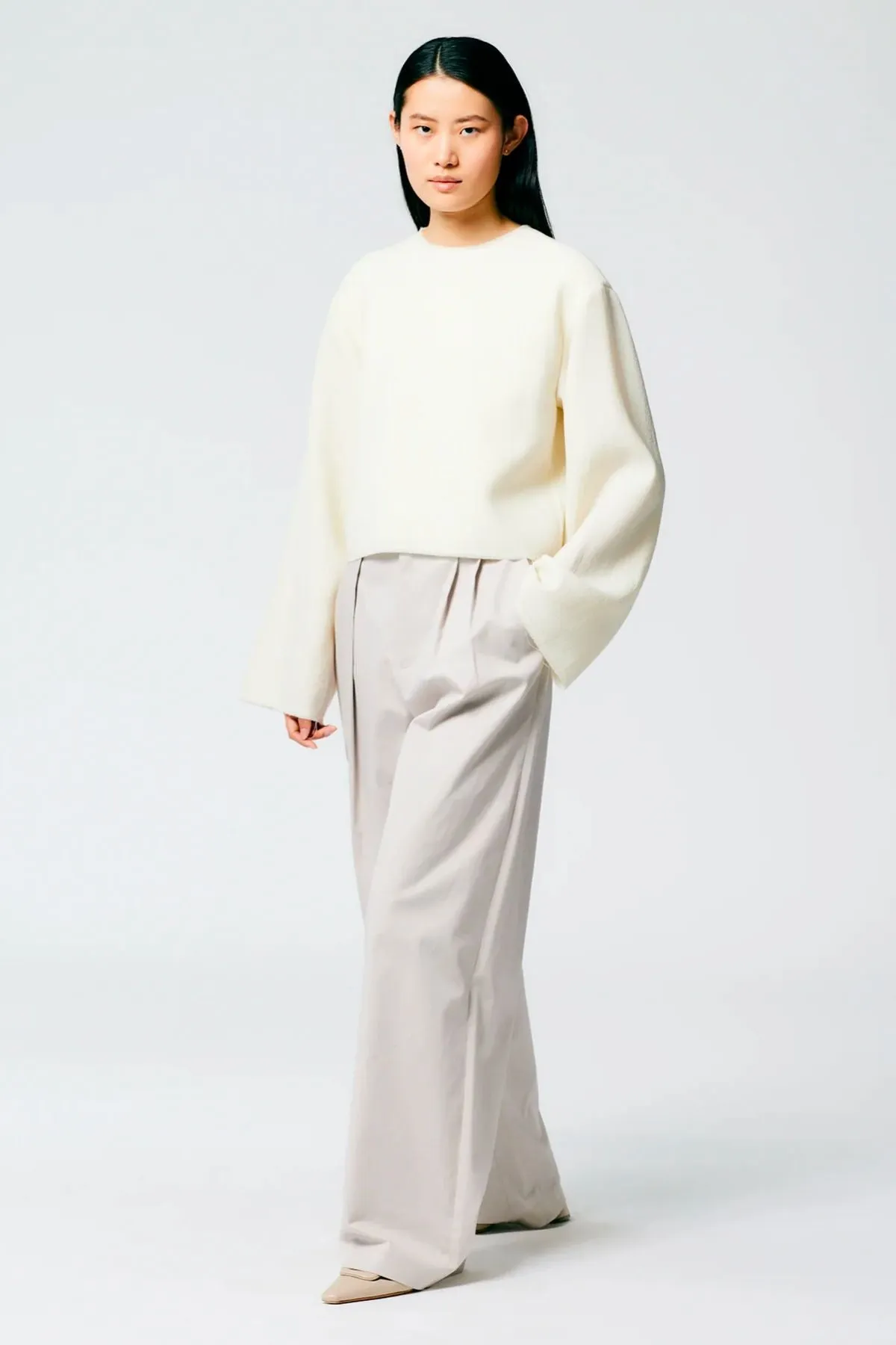 Tibi Melee Crepe Longsleeve Cropped Top - Ivory