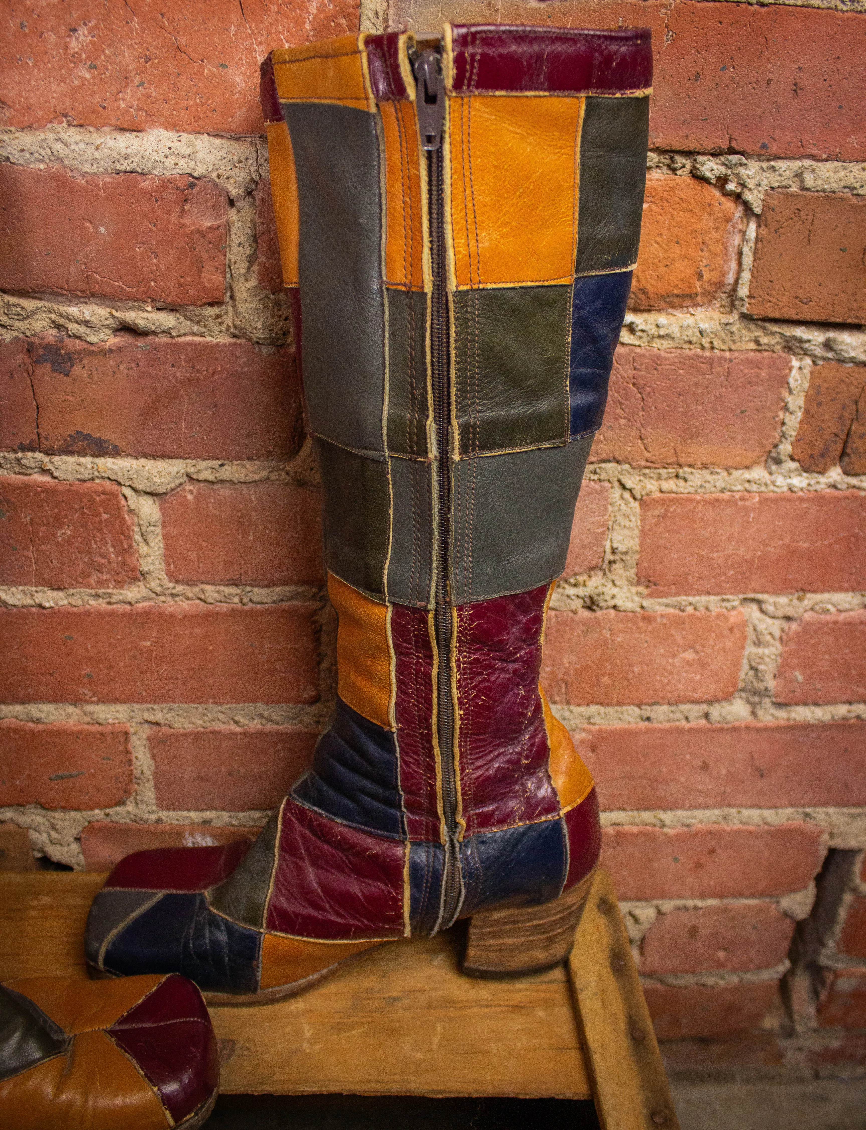 Vintage Granny Takes A Trip Patchwork Leather Platform Boots 70s 8.5