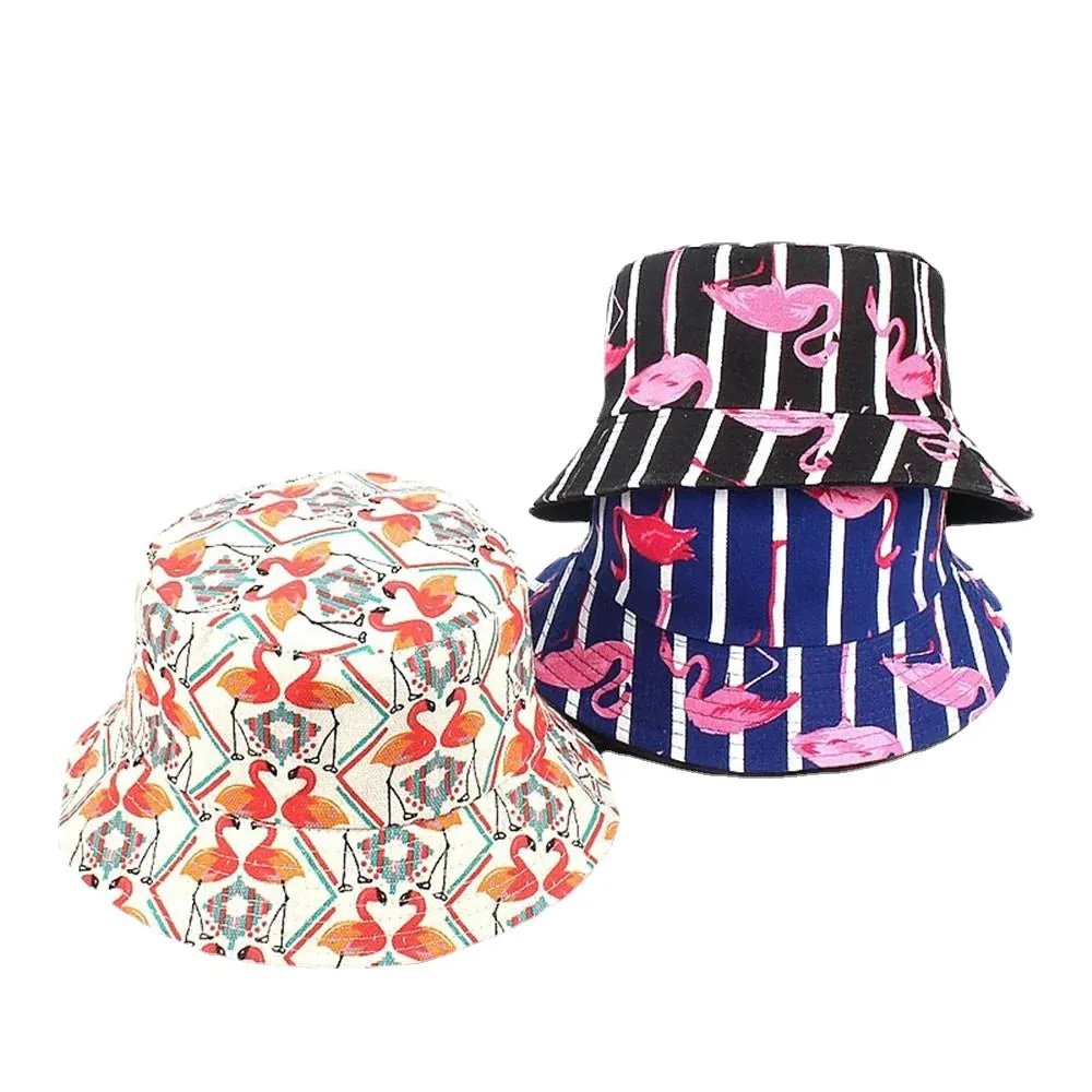 Women Print Flamingo Canvas Double-Sided Wear Outdoor Sunshade Fisherman Hat