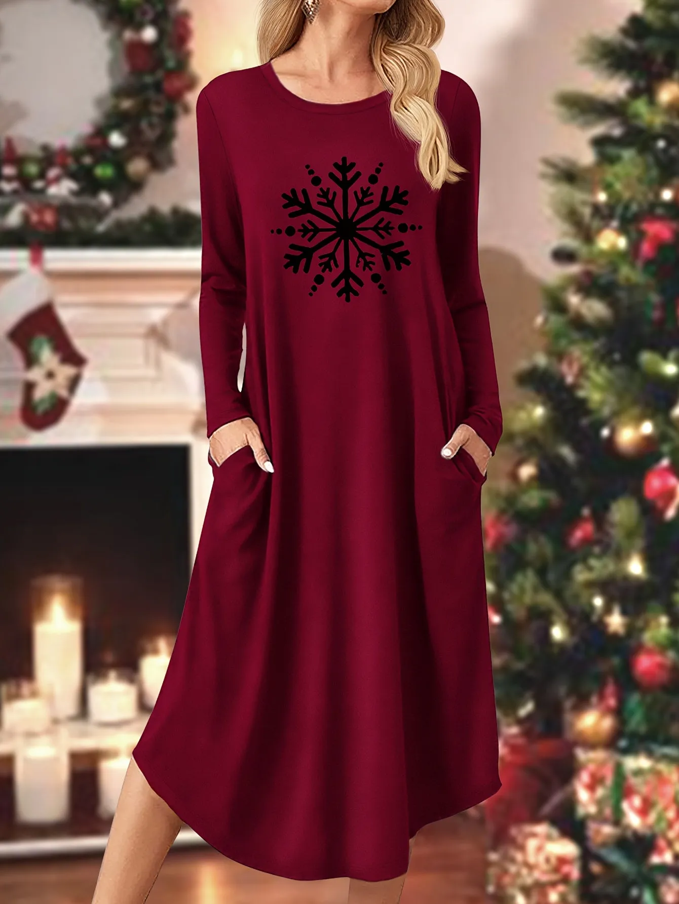 Women's Casual Long Sleeve Dress with Christmas Graphic Print & Pockets - Crew Neck, Mid-Length, Stretchy Polyester Blend for Fall/Winter, for Autumn