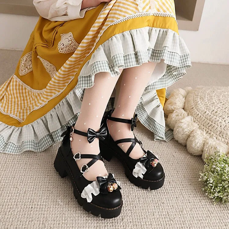 Women's Lolita Lace Bow Tie Chunky Heel Platform Pumps