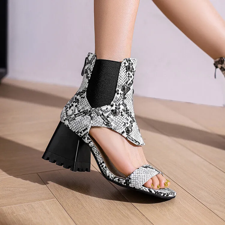 Women's Snake-Printed Open Toe Stretch Block Chunky Heel Sandals