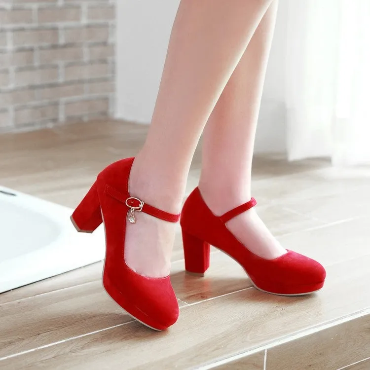 Women's Suede Round Toe Mary Jane Block Heels High Heel Platform Pumps