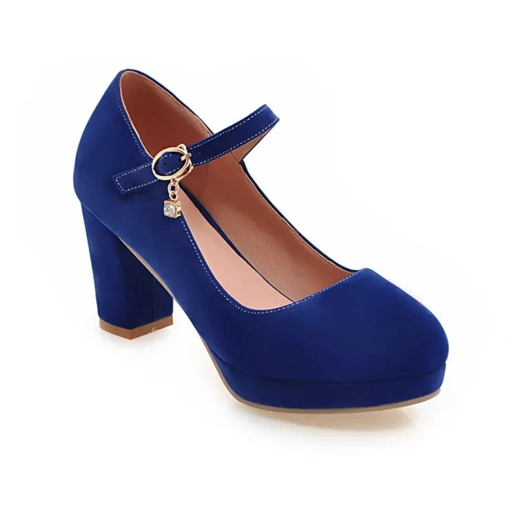 Women's Suede Round Toe Mary Jane Block Heels High Heel Platform Pumps