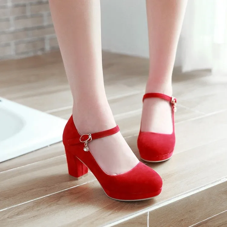 Women's Suede Round Toe Mary Jane Block Heels High Heel Platform Pumps