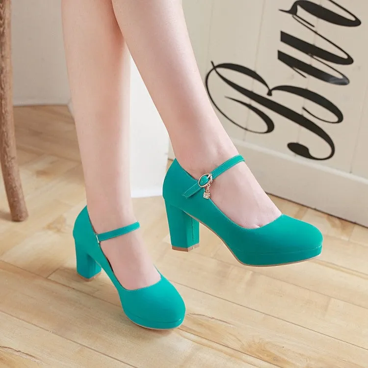 Women's Suede Round Toe Mary Jane Block Heels High Heel Platform Pumps