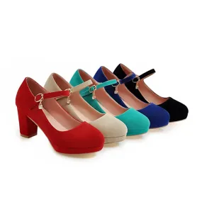 Women's Suede Round Toe Mary Jane Block Heels High Heel Platform Pumps