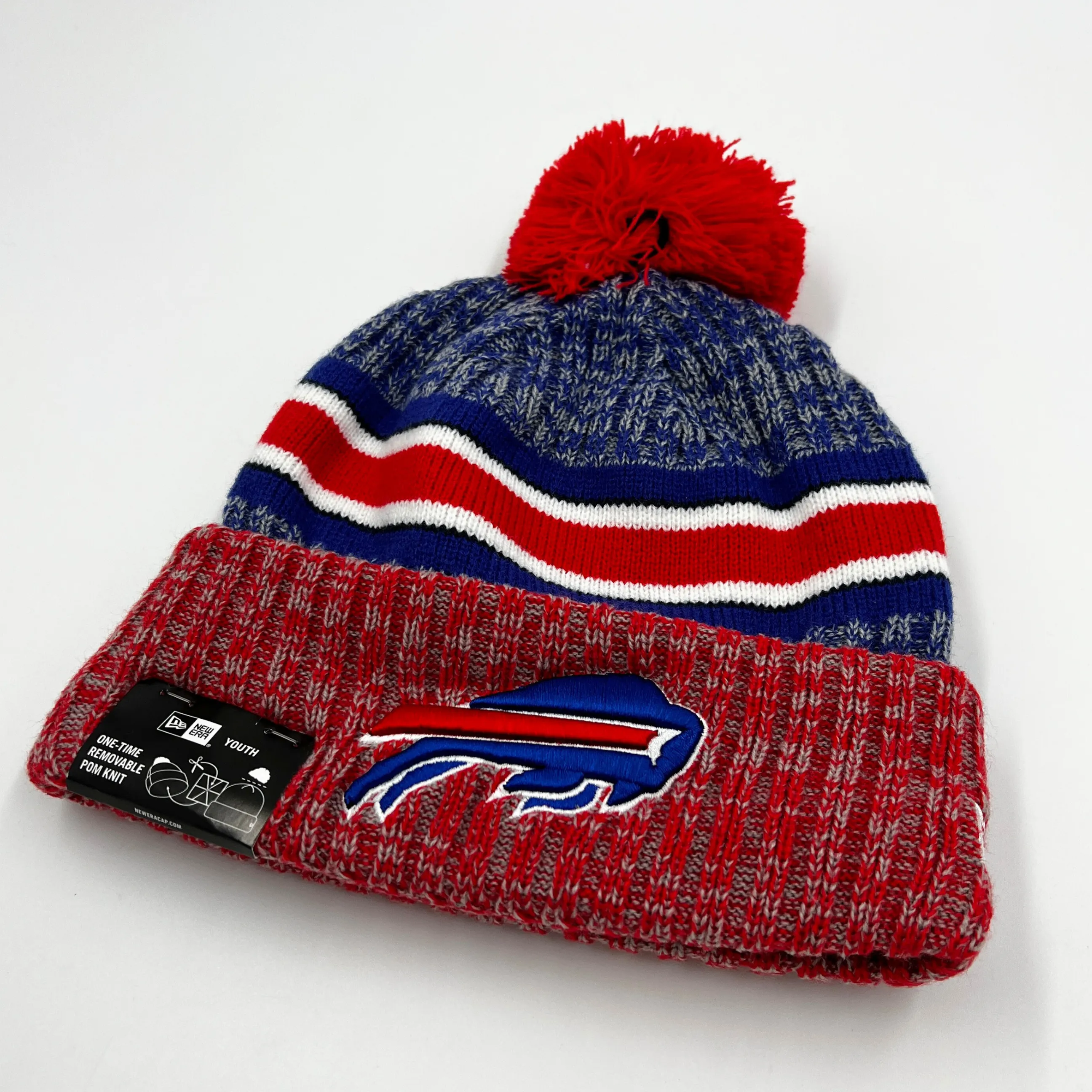 Youth New Era Bills Team Stripe 2023 Sideline Pom Knit Hat