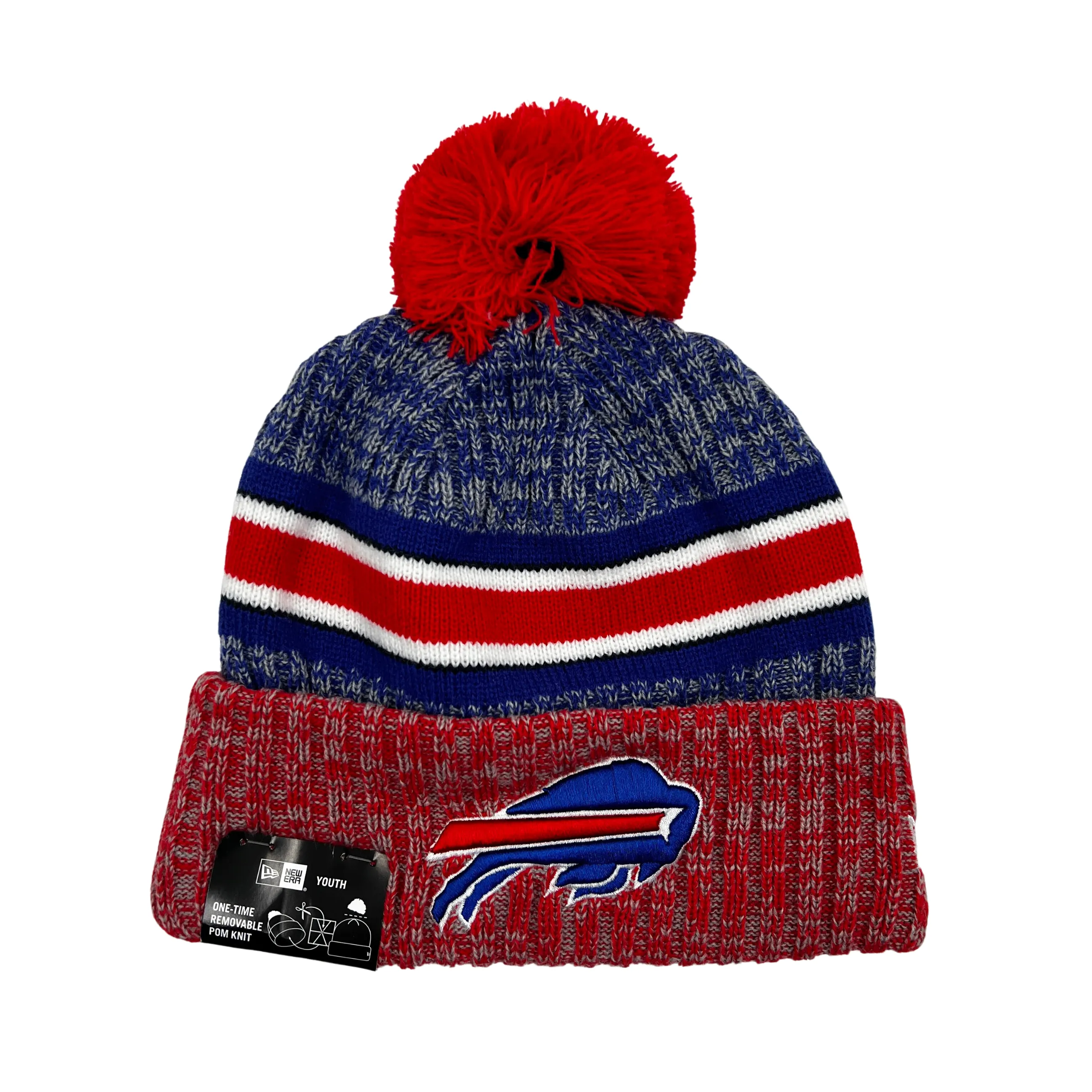 Youth New Era Bills Team Stripe 2023 Sideline Pom Knit Hat